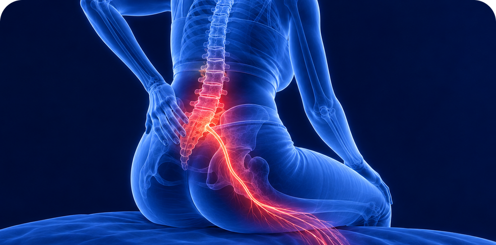Anatomical illustration of the lower back and sciatic nerve.