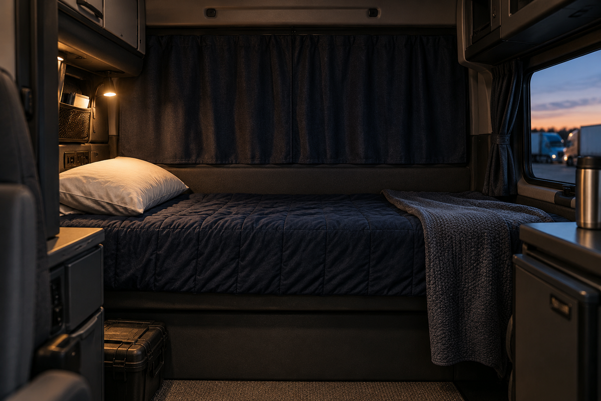 Illustrative American semi-truck sleeper cab with a single bunk and navy bedding.